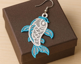 FSL Ohrringe - Maschinenstickerei Ohrring - Fischen Spitzenohrring - Angeln Ornament - Freistehende Spitze - Pes und andere Formate Sofort Download