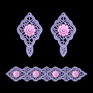 May include: A set of embroidered jewelry pieces, including two earrings and a bracelet, against a black background. The earrings and bracelet feature a delicate, openwork design in a light purple color, with pink floral accents in the center.