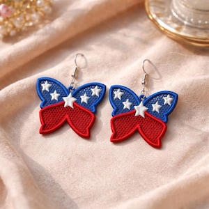 FSL Butterfly Earrings Machine Embroidery Design, 4th of July Patriotic Red White Blue Lace Earrings with Stars, Free Standing Lace Embroidery Jewelry Digital Download.