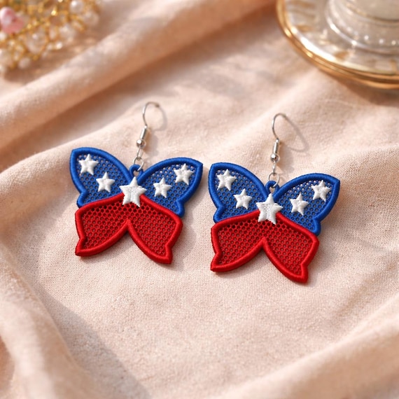 FSL Earrings, Machine Embroidery Design, 4th Of July Butterfly Lace Earrings, 250th Anniversary Necklace, Instant Download.