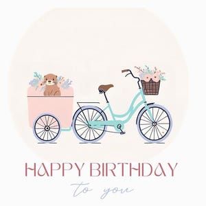 SOFORT download, Geburtstagskarte, quadratisch, Fahrrad, Pastelltöne, Blumen, Otter, romantisch, verspielt, pdf, last minute, Frau, Sie