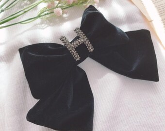 Elegant Black Velvet Bow Hair Clip with Embellished Crystal Accents Velvet Rhinestone Hair Bow: Elegant Handmade Black Clip - Etsy main image 2