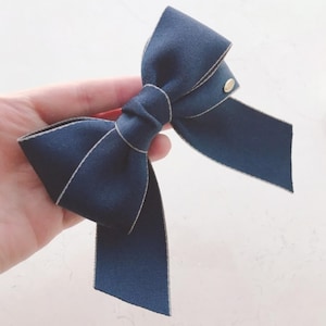 Navy Blue Bow Hair Clip – Handmade Structured Ribbon Barrette with Contrast Stitching & Gold Button | Classic Hair Accessory for Women