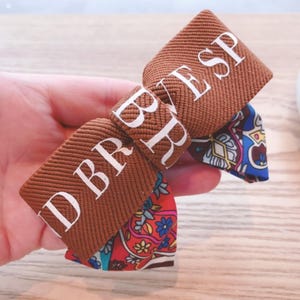 Brown Lettering Silk Bow Hair Clip – Mixed Fabric Luxury Barrette with Colorful Print, Handmade Statement Hair Accessory for Women