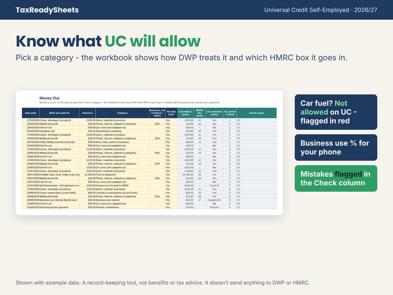 Money Out tab showing how each business cost is treated by Universal Credit and which HMRC box it goes in