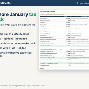 Tax Estimate tab with example data showing 2026/27 Income Tax, Class 4 National Insurance and payments on account for a UK sole trader.