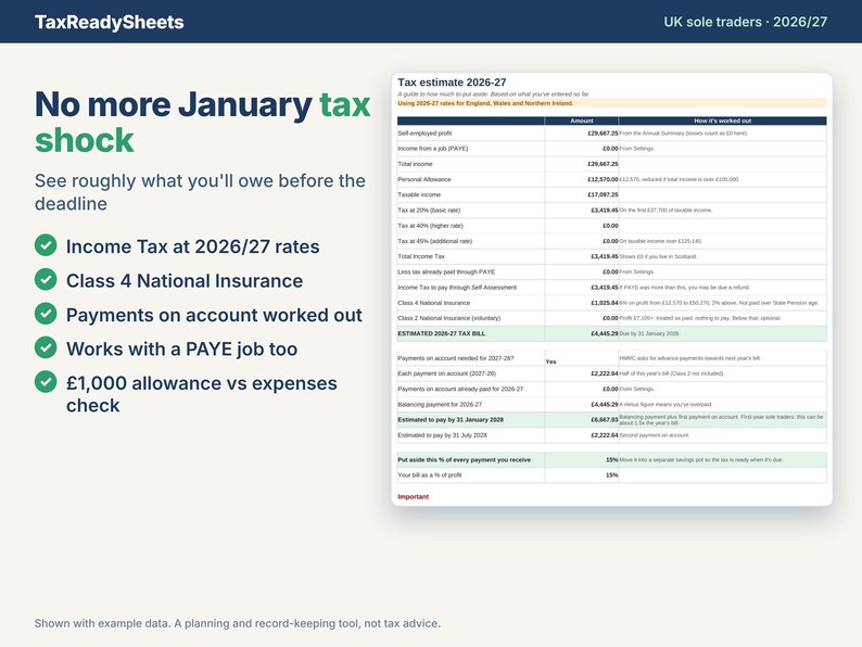 Tax Estimate tab with example data showing 2026/27 Income Tax, Class 4 National Insurance and payments on account for a UK sole trader.