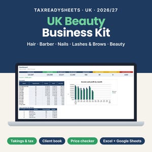 UK beauty business spreadsheet for hairdressers, nail techs and lash techs 2026/27 showing a dashboard