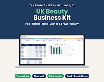 May include: A digital UK Beauty Business Kit for 2026/27 displayed on a laptop screen. The interface shows a dashboard with financial data, income and profit charts, and service ratings. Four green and blue buttons below list Takings & tax, Client book, Price checker, and Excel + Google Sheets.