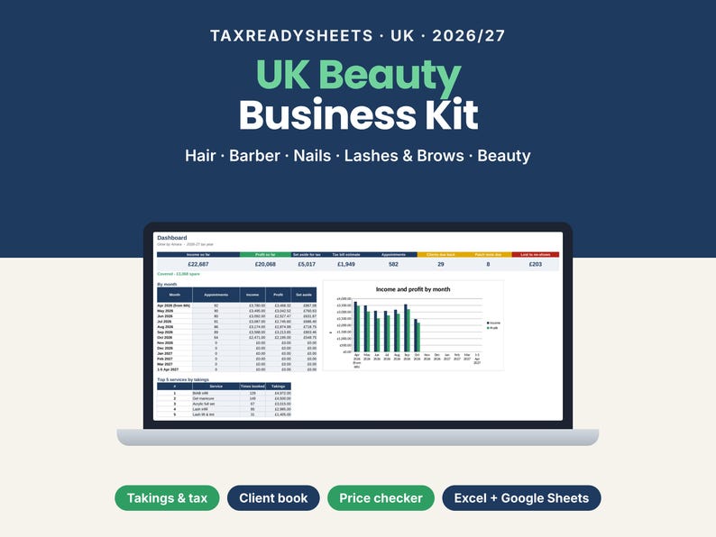 UK beauty business spreadsheet for hairdressers, nail techs and lash techs 2026/27 showing a dashboard