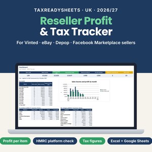 Vinted and eBay reseller profit and tax tracker spreadsheet UK 2026/27 showing a dashboard