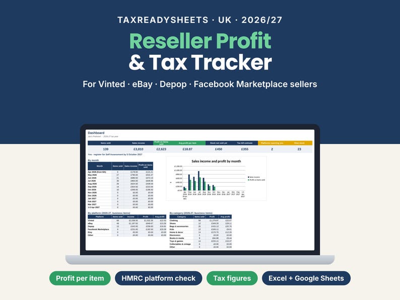 Vinted and eBay reseller profit and tax tracker spreadsheet UK 2026/27 showing a dashboard