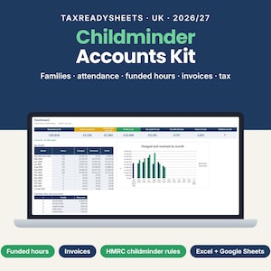 Childminder Accounts Spreadsheet UK 2026/27, Childminding Business Tracker, Funded Hours, Invoices and Tax, Excel & Google Sheets