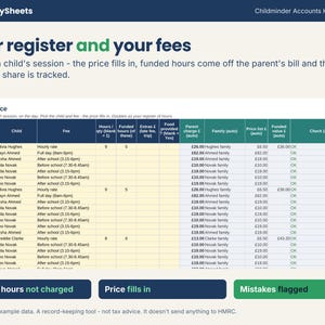 Childminder attendance register with funded hours and fees
