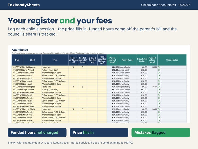 Childminder attendance register with funded hours and fees