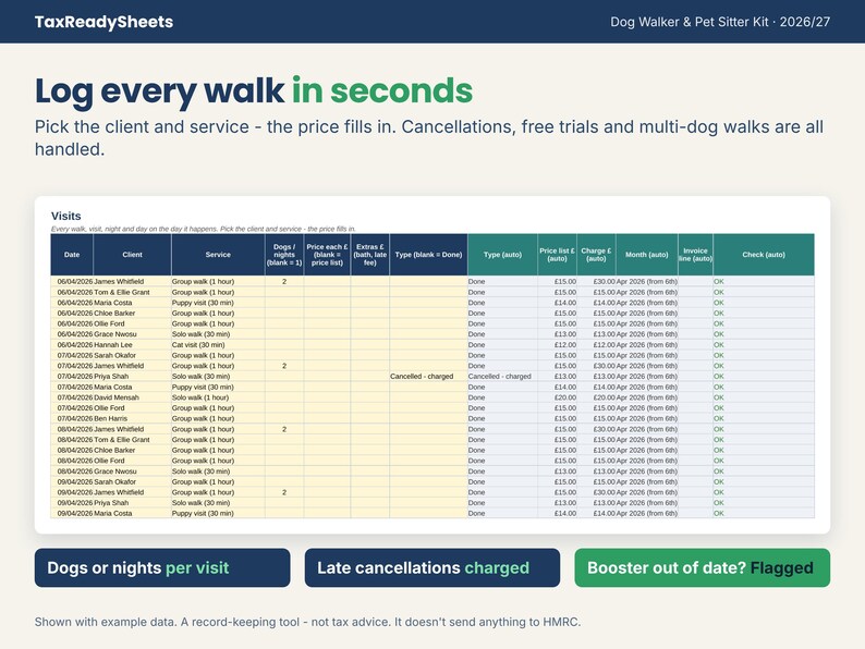 Visits log for walks, visits and boarding with cancellations and booster checks