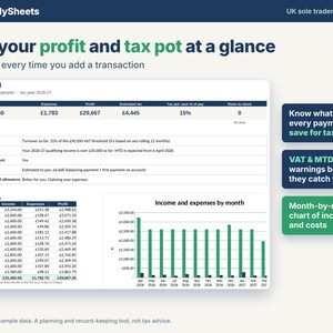 Dashboard tab with example data showing income, expenses, profit, estimated tax, the percentage to save for tax, VAT and MTD warnings and a monthly chart.