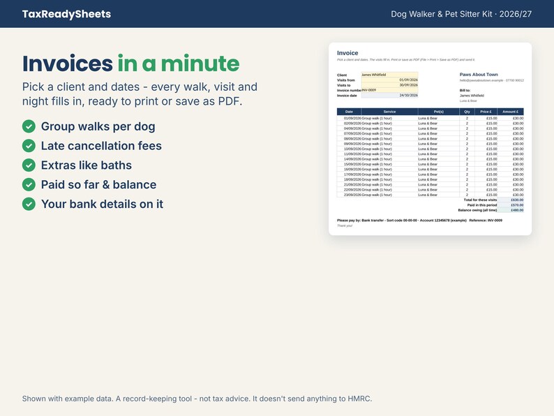 Dog walking invoice filled in automatically from a client's walks