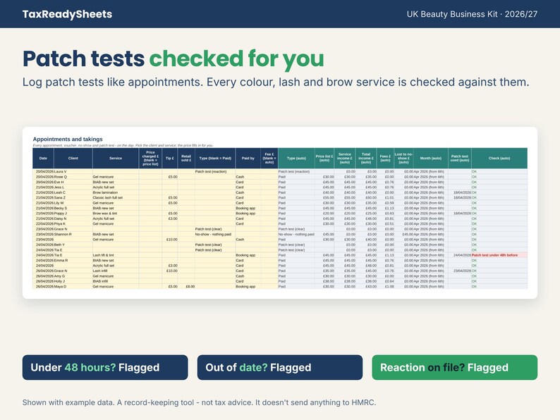Appointments log with patch tests checked and a test under 48 hours flagged