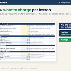 Price calculator working out a lesson price from prep, travel and platform commission, with a package builder