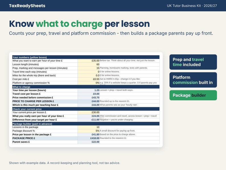 Price calculator working out a lesson price from prep, travel and platform commission, with a package builder