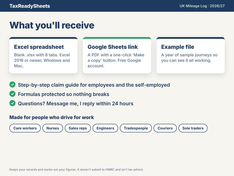 What you receive: Excel spreadsheet, Google Sheets link and example file, made for care workers, nurses, sales reps, engineers and sole traders