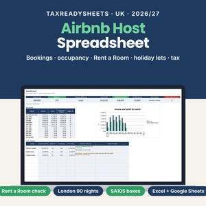 Airbnb Host Spreadsheet UK 2026/27 dashboard on a laptop showing income, nights let, average nightly rate and tax estimate
