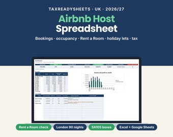 Airbnb Host Spreadsheet UK 2026/27, Holiday Let Income and Expense Tracker, Rent a Room and SA105 Tax, Excel & Google Sheets