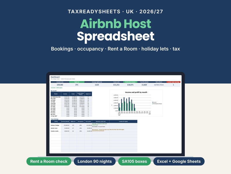 Airbnb Host Spreadsheet UK 2026/27 dashboard on a laptop showing income, nights let, average nightly rate and tax estimate