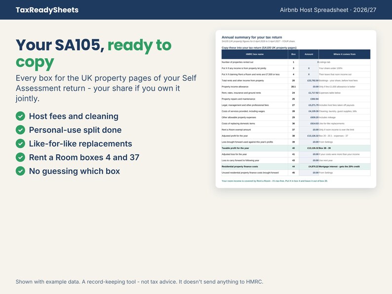 SA105 UK property tax return boxes filled in automatically from the spreadsheet