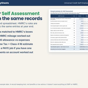 Annual summary with Self Assessment totals matched to HMRC self-employment boxes and a list of tax estimate features