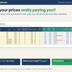 Service price list showing profit per hour and the price needed to hit a target rate