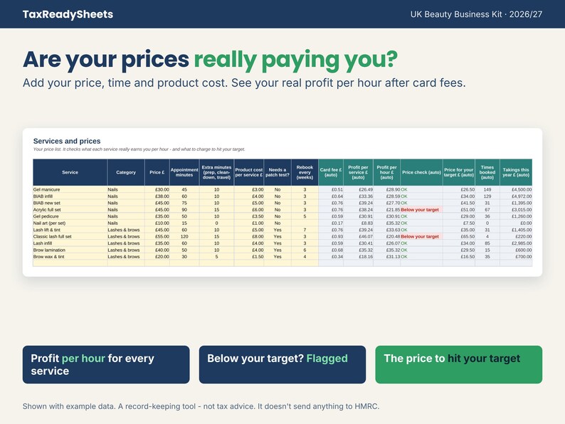 Service price list showing profit per hour and the price needed to hit a target rate