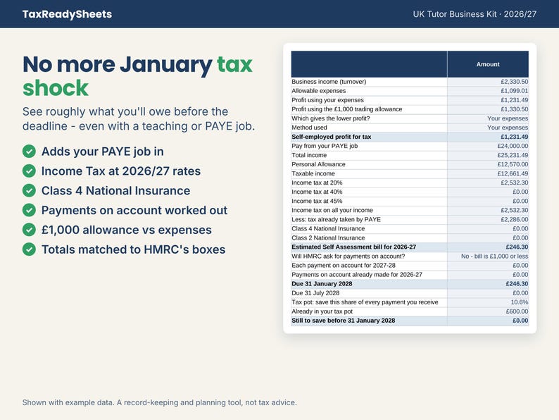 Tax estimate for a tutor with a PAYE job, with Income Tax, Class 4 National Insurance and payments on account
