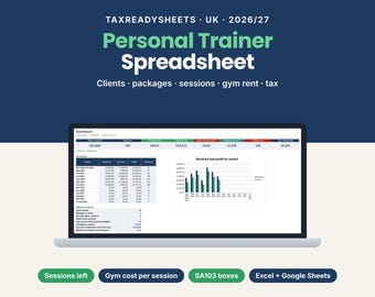 Personal Trainer Tabellenkalkulation Großbritannien 2026/27, PT-Kunden- und Trainingsplaner, Pakete, Fitnessstudio-Miete und Einkommensteuererklärung, Excel & Google Sheets