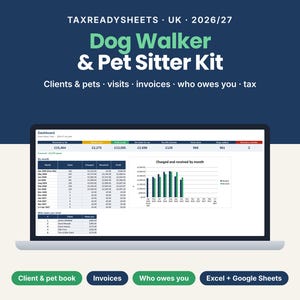 May include: A digital dashboard displayed on a laptop screen titled TaxReadySheets UK 2026/27 Dog Walker & Pet Sitter Kit. The interface includes tables for clients, pets, visits, invoices, and tax tracking with charts showing monthly charges and receipts.