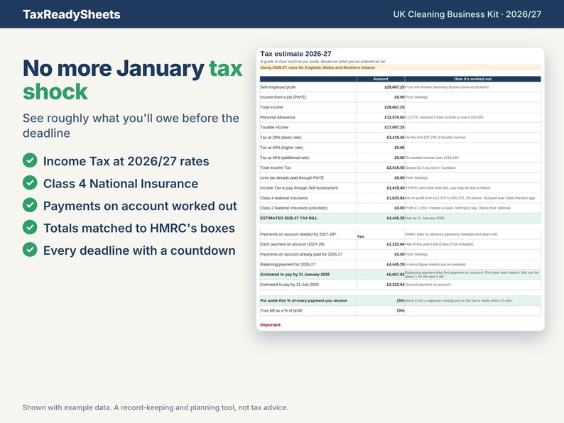 Tax estimate tab showing Income Tax, Class 4 National Insurance and payments on account at 2026/27 rates