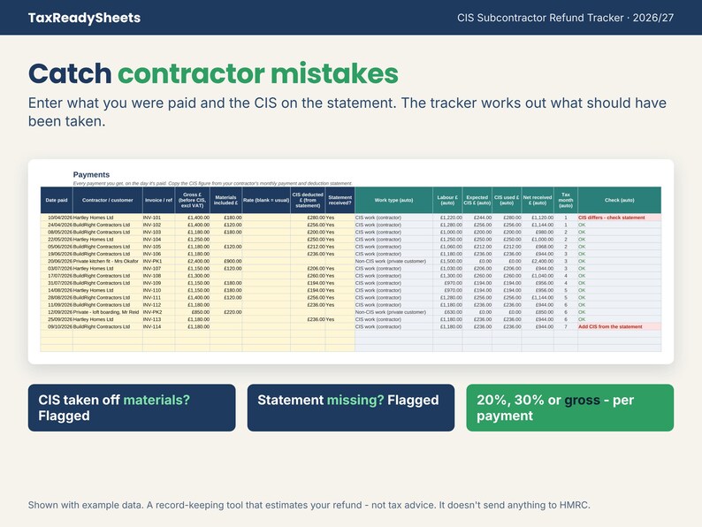 CIS payments log flagging a contractor statement that took CIS off materials