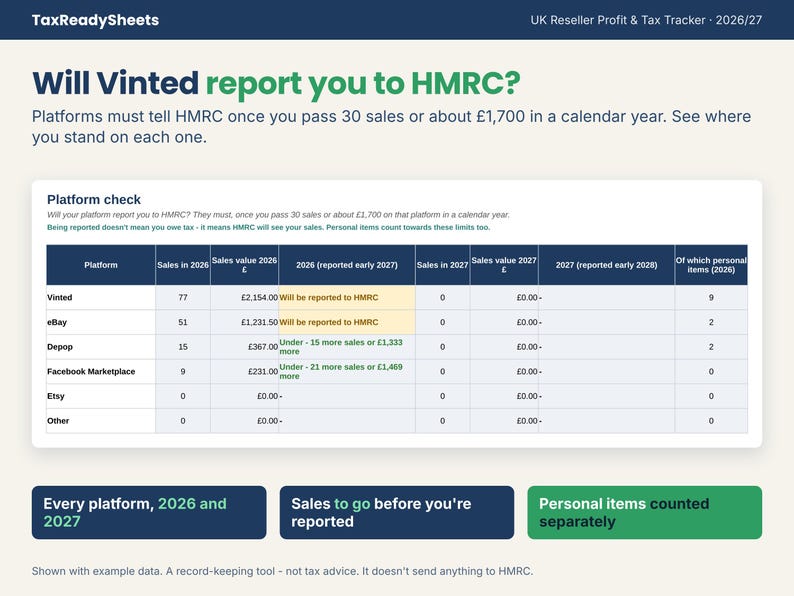 Platform check showing whether Vinted, eBay and Depop will report a seller to HMRC