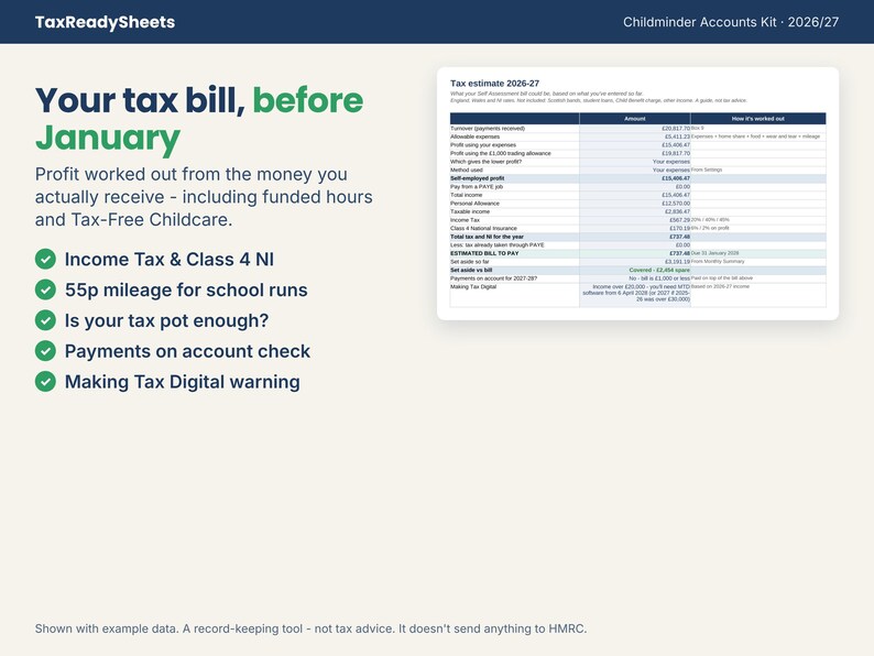 Tax estimate for a self-employed childminder with income tax and NI