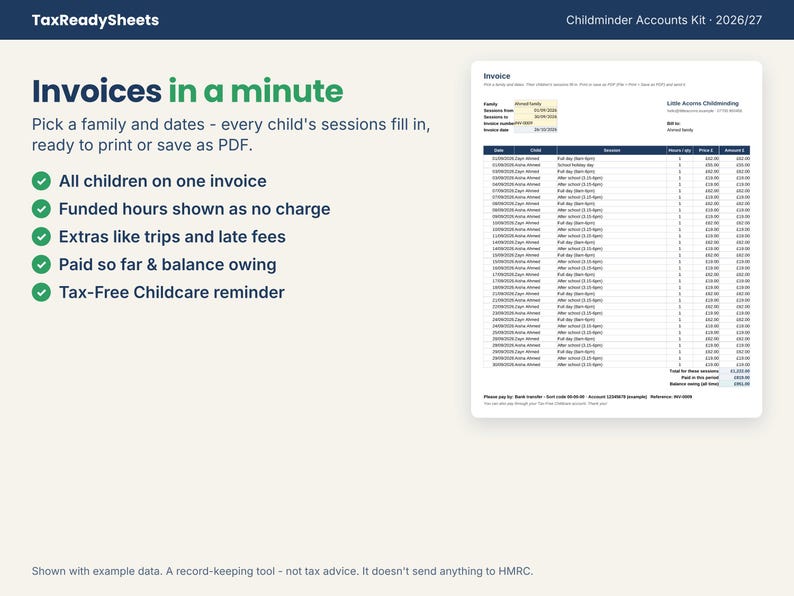 Childminder invoice filled in automatically from a family's sessions