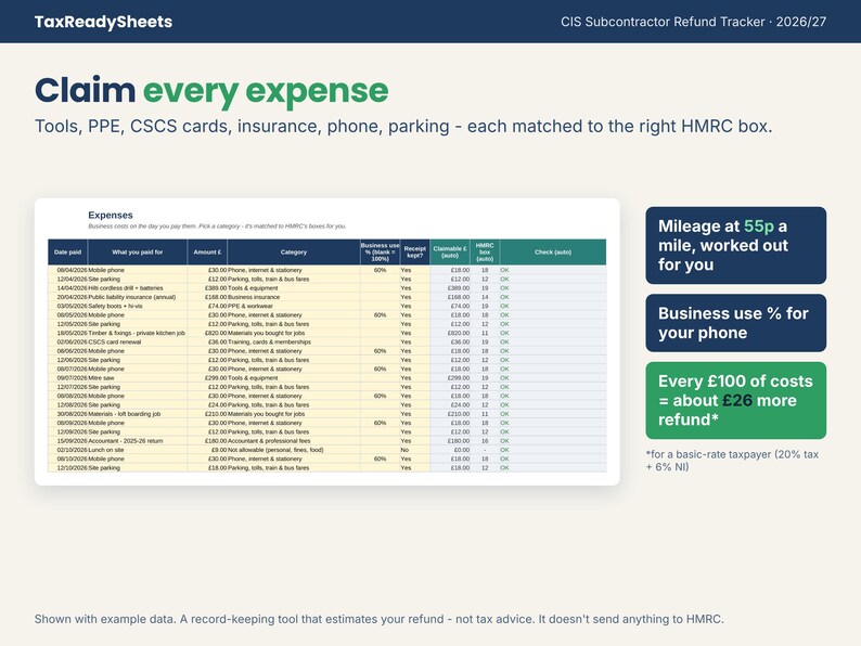 Expense tracker for construction workers with HMRC boxes, tools, PPE and mileage