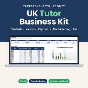 UK Tutor Business Kit 2026/27 spreadsheet on a laptop showing the dashboard, for Excel and Google Sheets