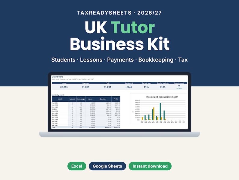 UK Tutor Business Kit 2026/27 spreadsheet on a laptop showing the dashboard, for Excel and Google Sheets