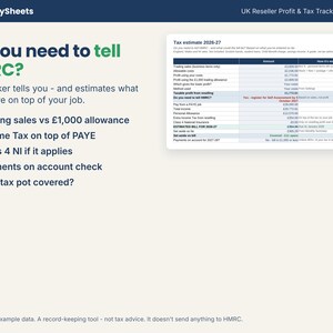 Tax estimate showing whether a reseller needs to tell HMRC and the tax on top of a job