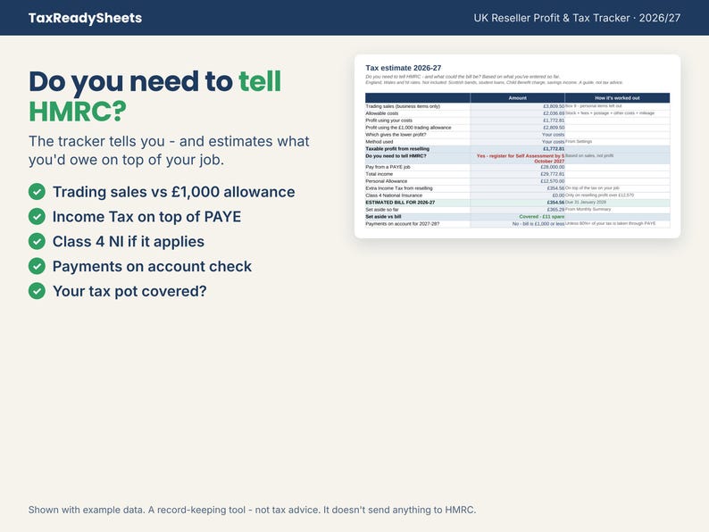 Tax estimate showing whether a reseller needs to tell HMRC and the tax on top of a job