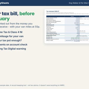 Tax estimate for a self-employed dog walker with income tax, NI and mileage