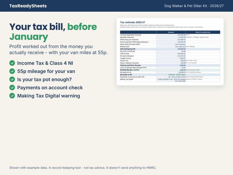 Tax estimate for a self-employed dog walker with income tax, NI and mileage