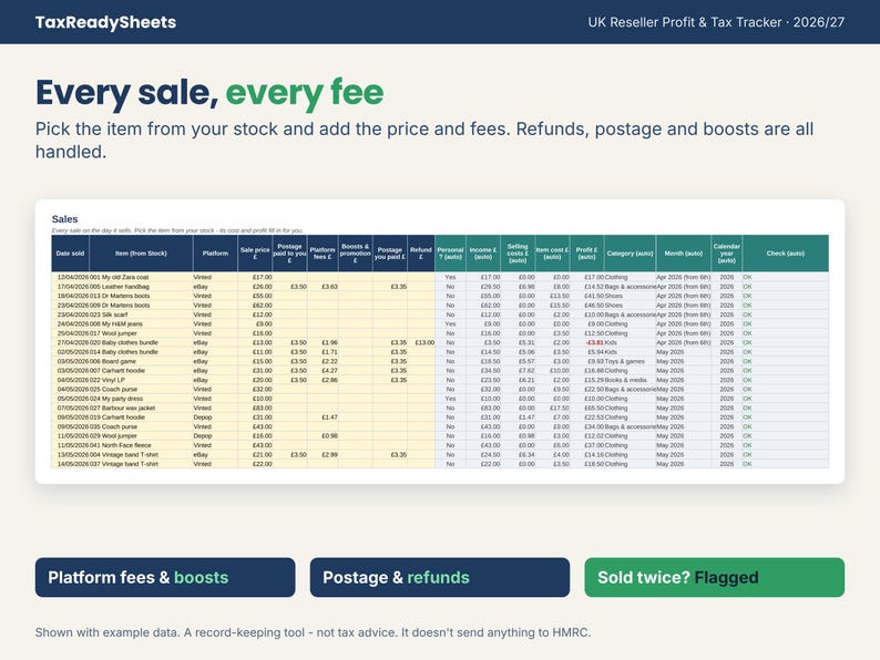 Sales log with platform fees, postage, boosts and profit on each item