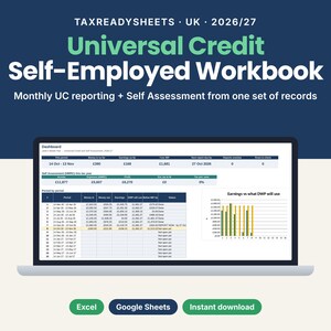 May include: A digital workbook titled TaxReadySheets UK 2026/27 Universal Credit Self-Employed Workbook for monthly UC reporting and self-assessment. The screen displays a dashboard with financial tables, charts, and data columns.